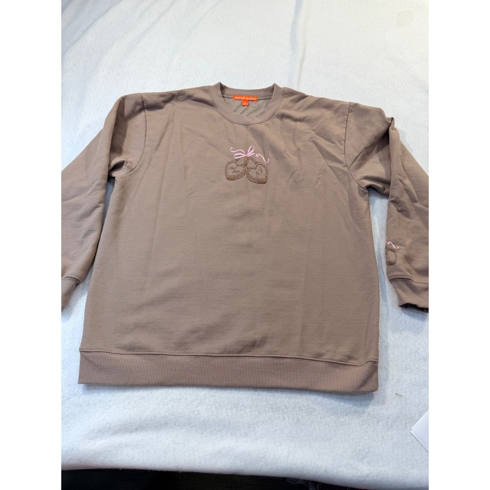 Social Scene New York Heart Lock Graphic Sweatshirt Brown Pink Bow Coquette L‎